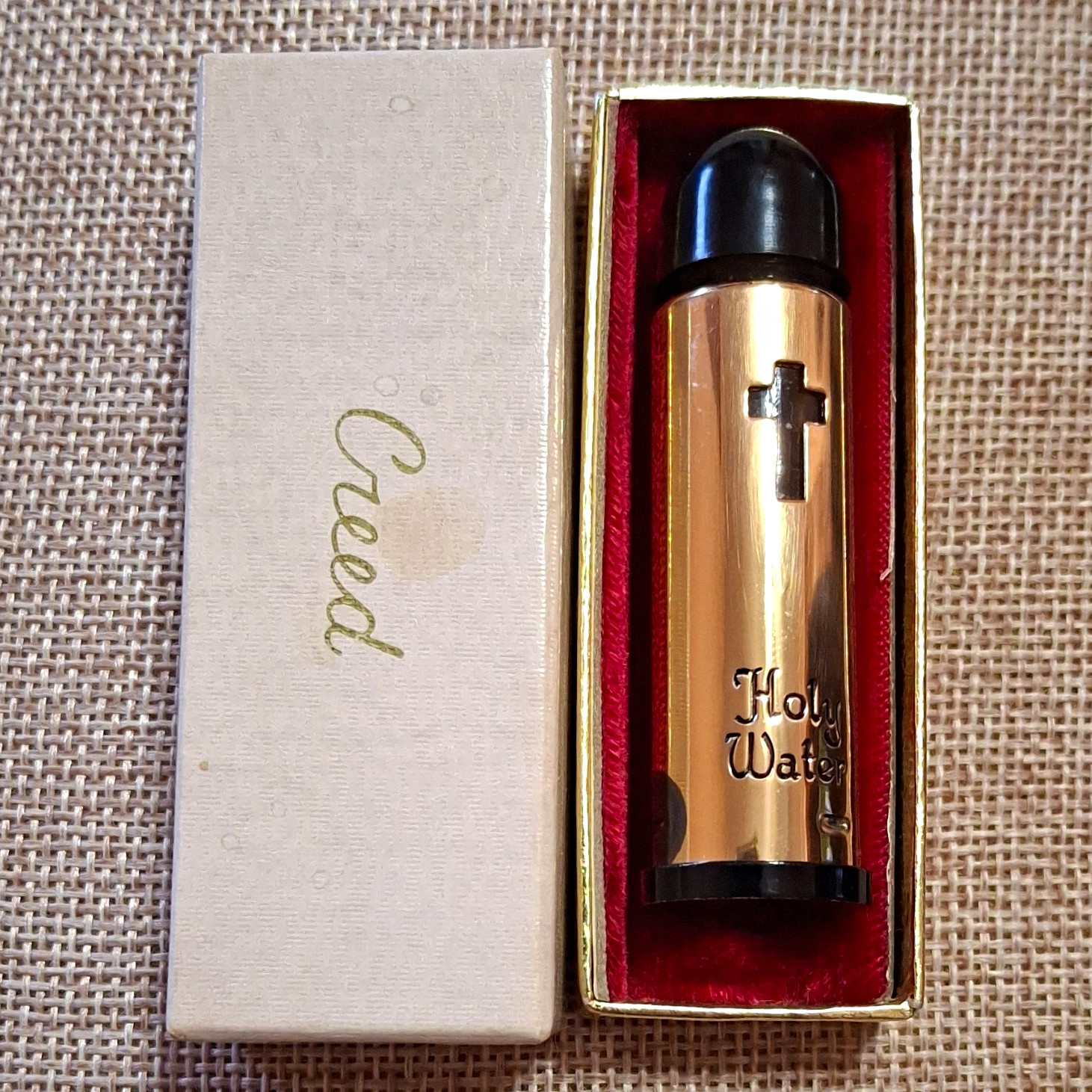 Vintage 70's Creed Brass Cross Holy Water Bottle with original box