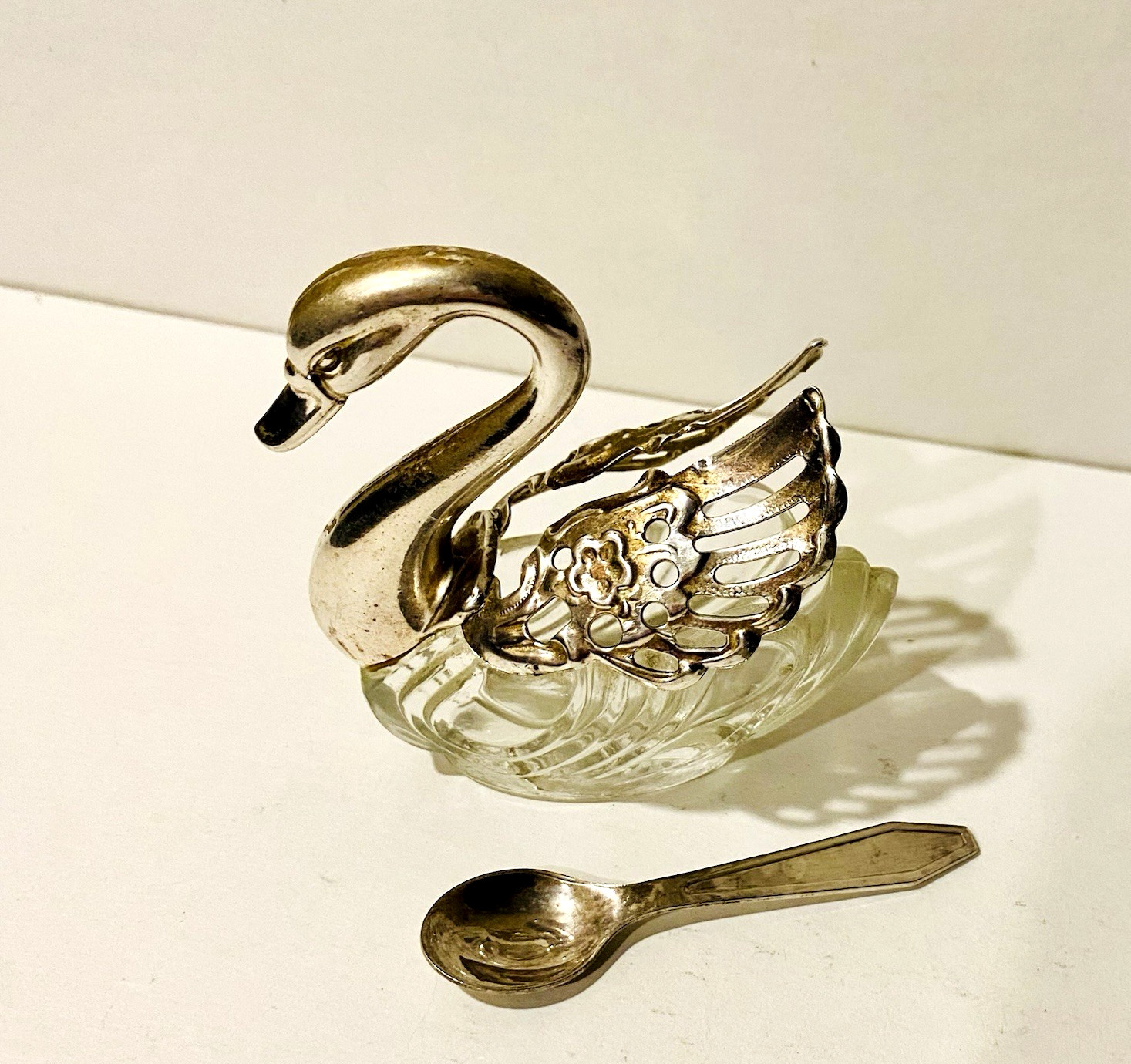 Swan Salt Cellar and Spoon Vintage Silver Plated Crystal Glass Marked Italy