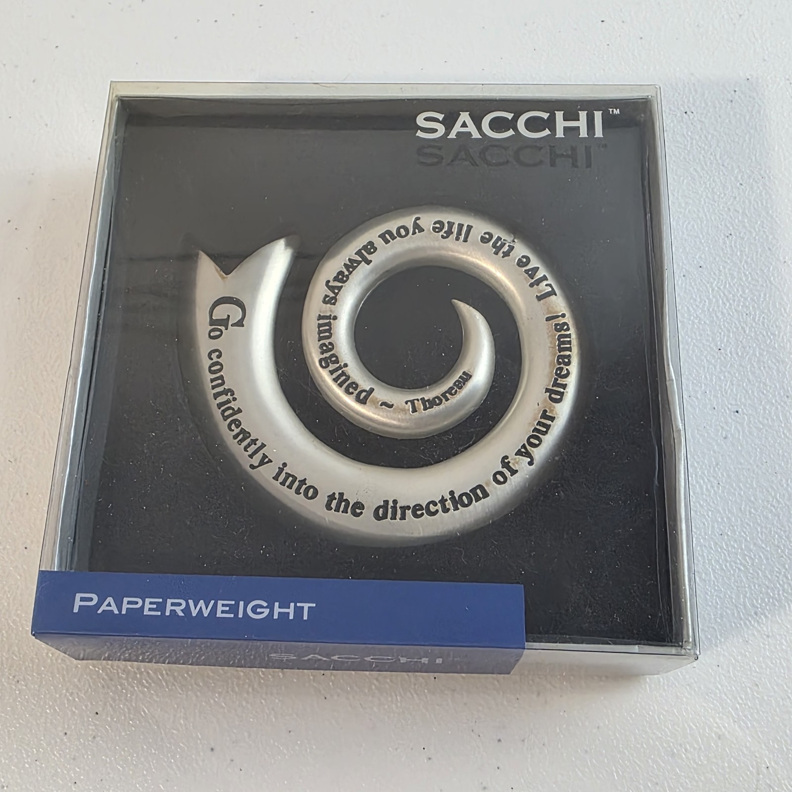 Vintage Sacchi Silver Metal Swirl Paperweight Inspirational Thoreau Quote  3.5\