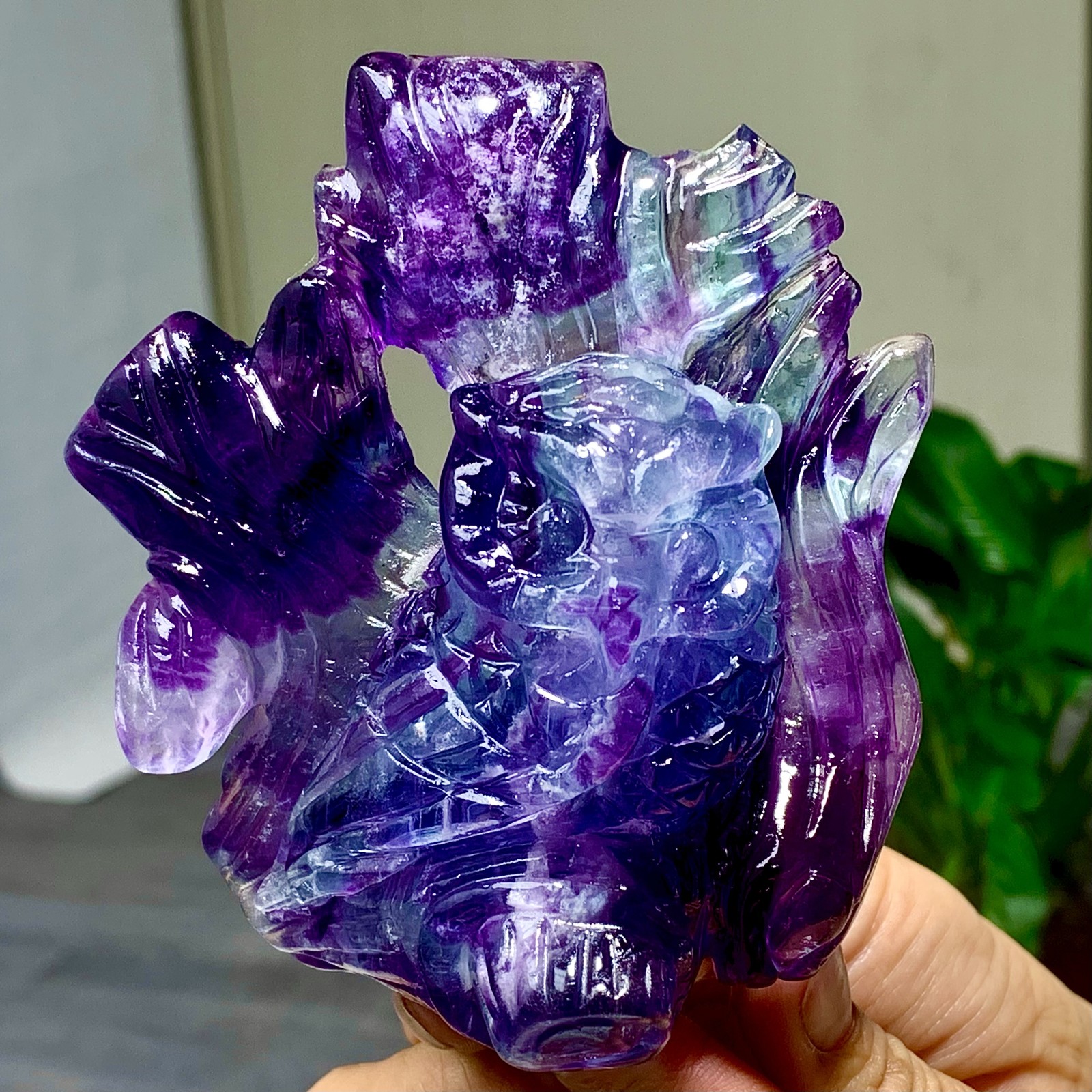 450G Rare purple-blue Fluorite Crystal Hand Carved  Mineral polishing