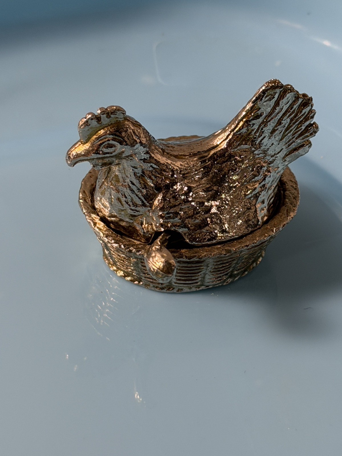 Vtg Hen On The Nest Salt Cellar w/Chick Spoon Brass Tone Metal Enamel Mini 2\