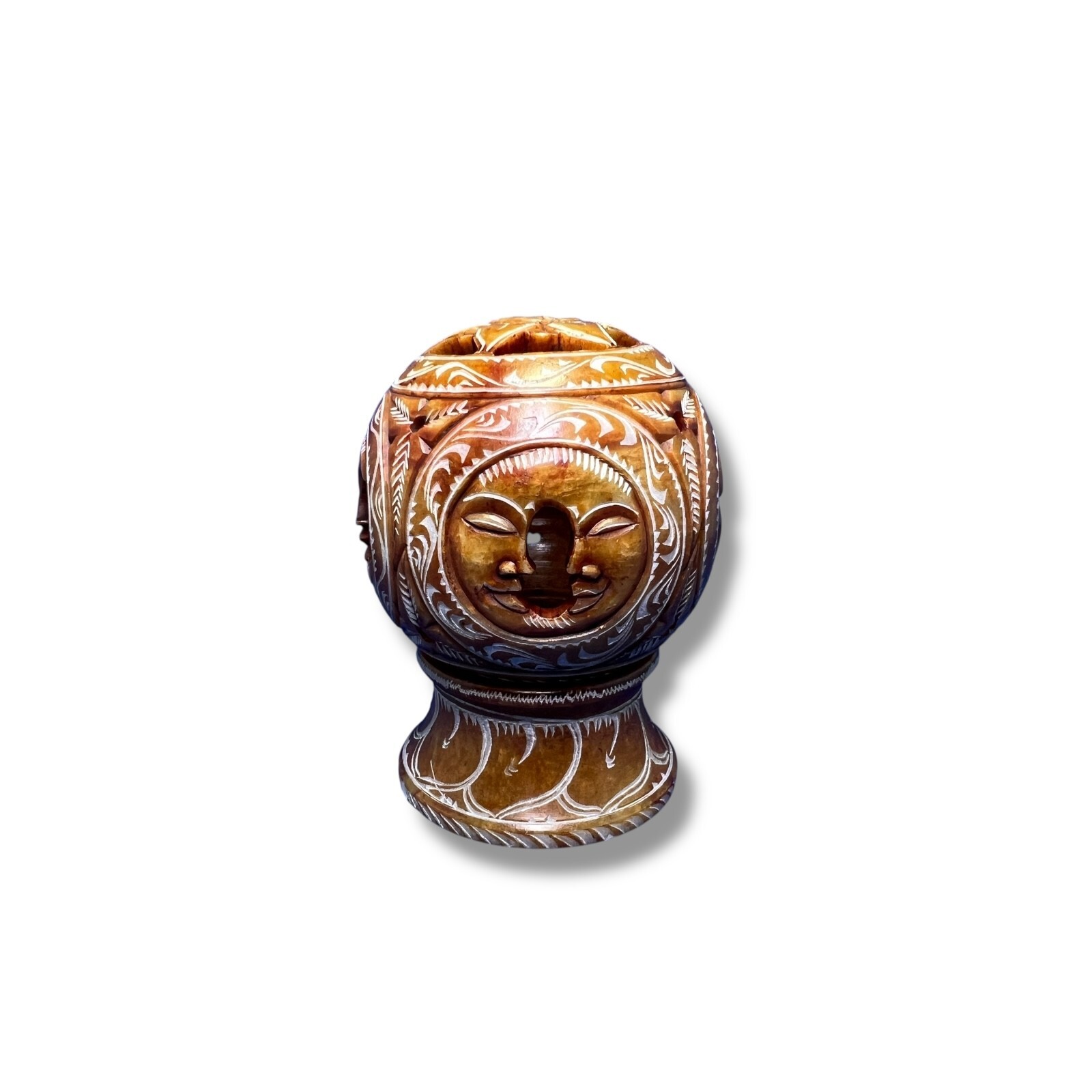 Vintage Hand Carved Indian Soapstone Incense Burner Holder Sun Moon Cobra Om