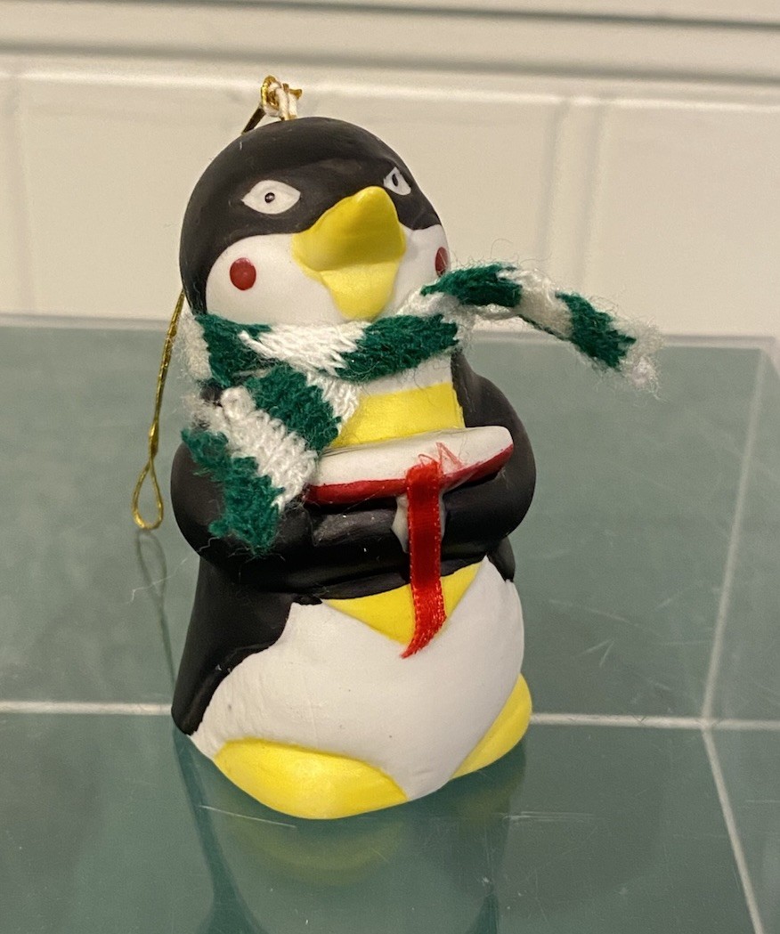 Vintage 1986 BOA Penguin Bell Christmas Ornament Caroler Book Knit Scarf 3”