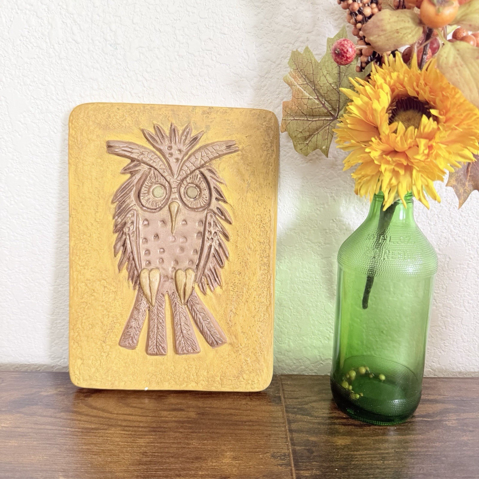 Vintage 1970s Owl Wall Plaque Hand Painted Bad Relief Folk Art Boho Decor