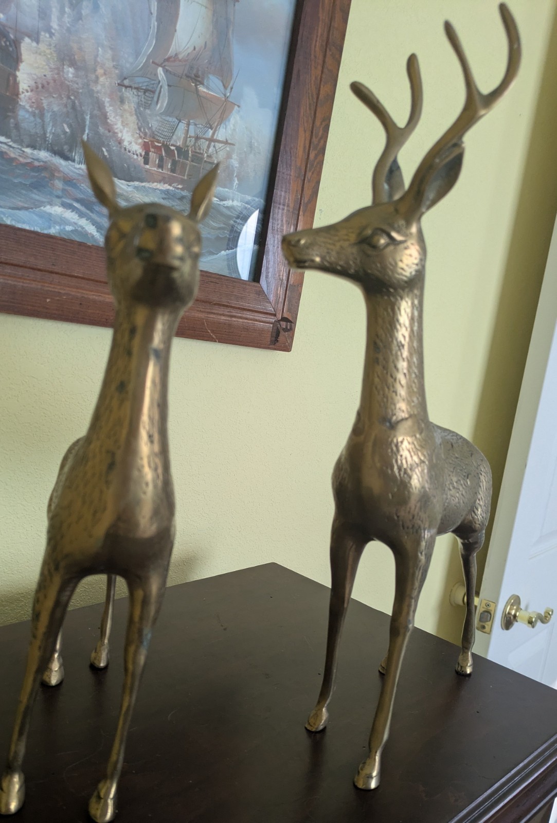 Vintage Large Brass Deer Statuettes Pair Set, Buck & Doe.