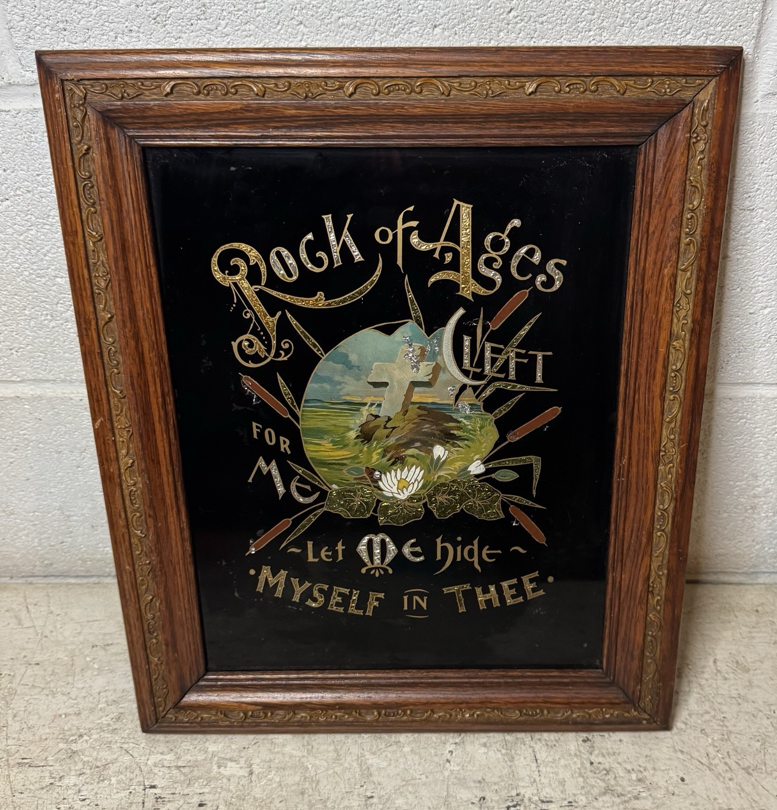 Antique Victorian Framed Reverse Painted Glass Foil Rock Of Ages Religious Decor