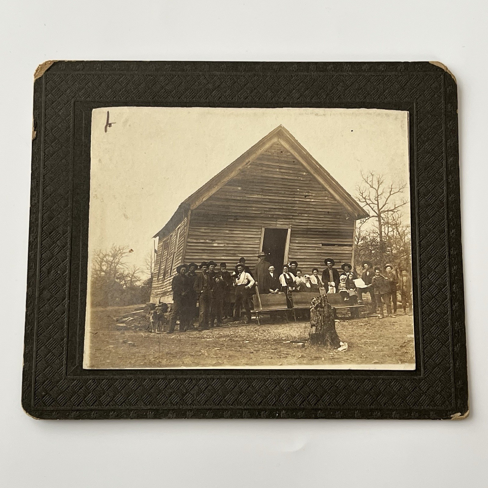 Antique Group Photograph On Board Leaning House Church Man Woman Dog Odd