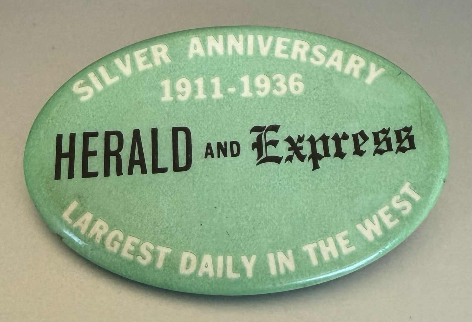 Vintage 1936 Herald and Express Newspaper Silver Anniversary Pinback Button Vintage 1936 Herald and Express Newspaper Silver Anniversary Pinback Button