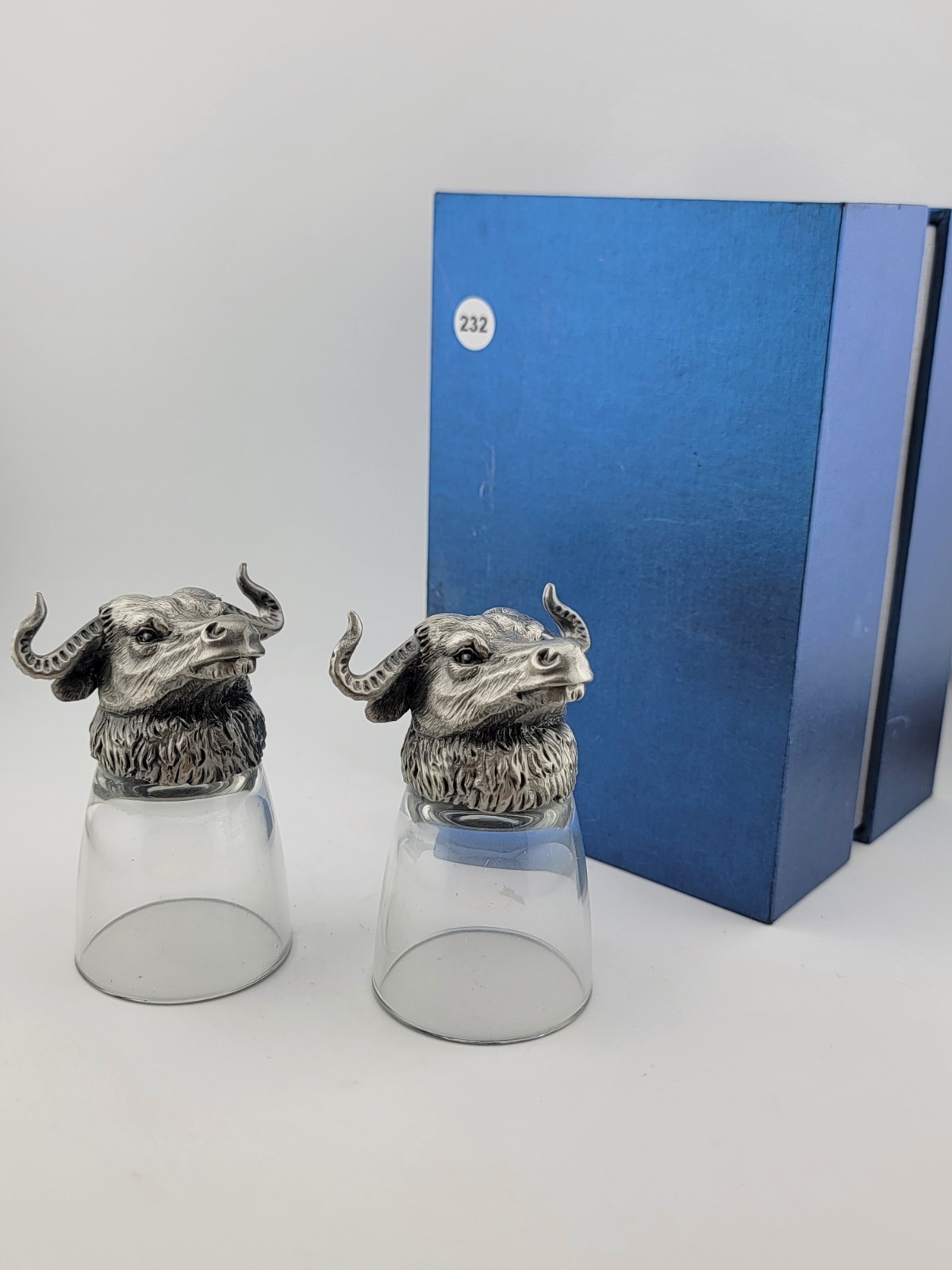 Vintage pair of water buffalo Metal And crystal 3&1/2 inch cups in fitted box. Vintage pair of water buffalo Metal And crystal 3&1/2 inch cups in fitted box.