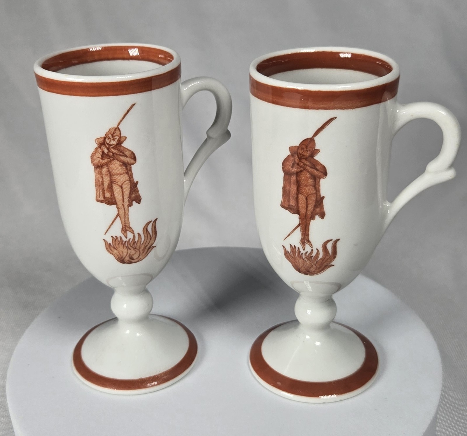 Flaming Devil Diablo Demitasse Cups Set of 2, Vtg Loubat Café Brulet, Carr China Flaming Devil Diablo Demitasse Cups Set of 2, Vtg Loubat Café Brulet, Carr China