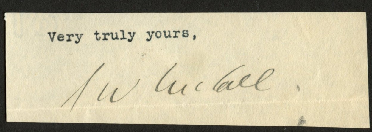Samuel Walker McCall d1923 signed autograph 1x4 cut Governor Massachusetts ^