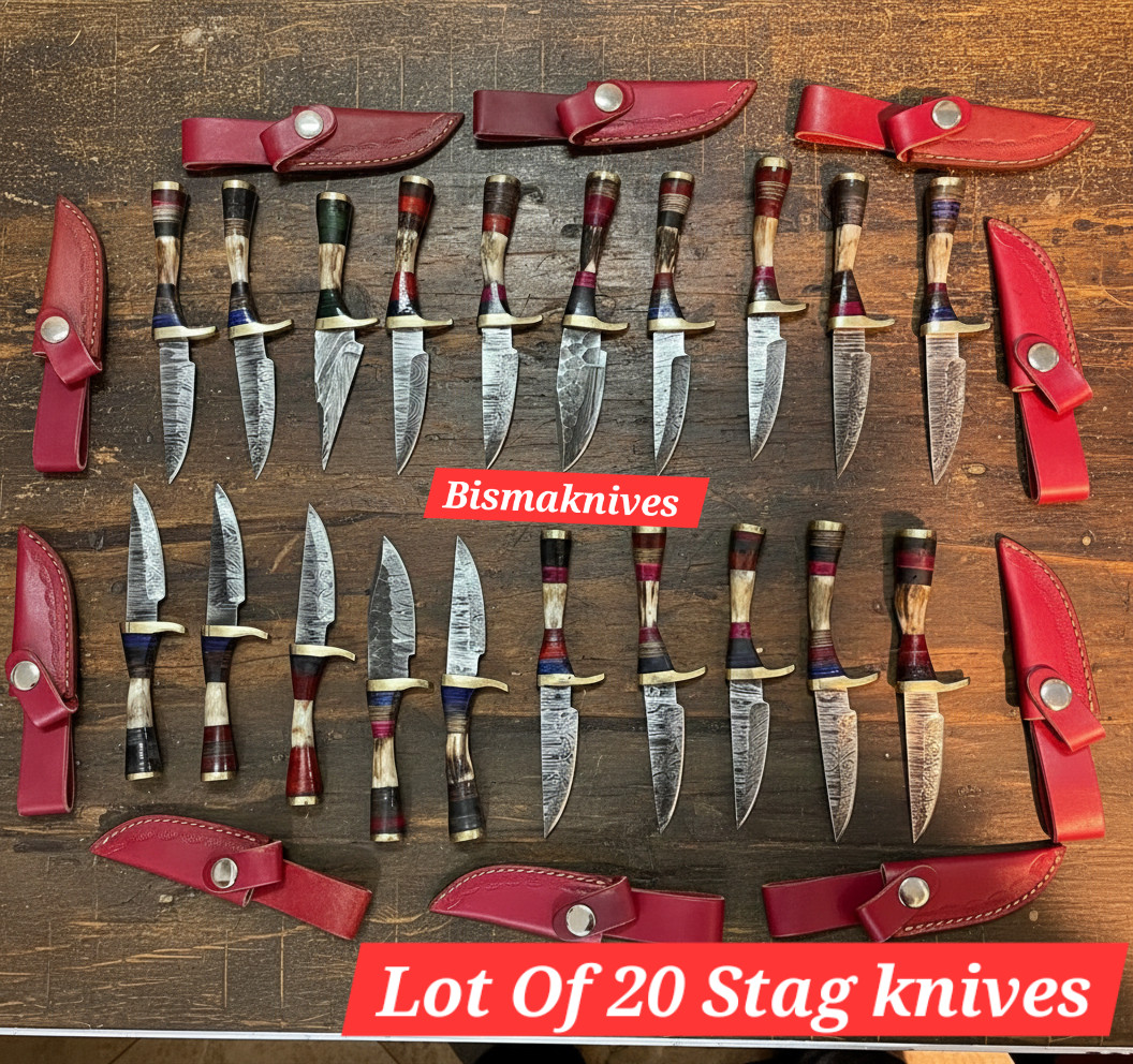 AWESOME HANDMADE LOT OF 20 STAG HORN HANDLE HUNTING AND CAMPING KNIVES W SHEATH AWESOME HANDMADE LOT OF 20 STAG HORN HANDLE HUNTING AND CAMPING KNIVES W SHEATH