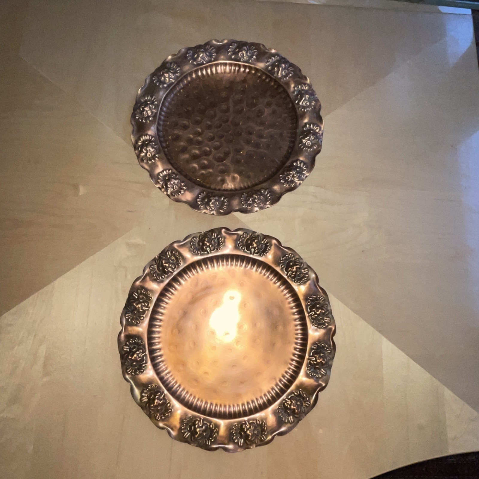 Vintage 2 Gregorian Copper Serving Plate Wall Hanging Made in USA Hand Hammered Vintage 2 Gregorian Copper Serving Plate Wall Hanging Made in USA Hand Hammered