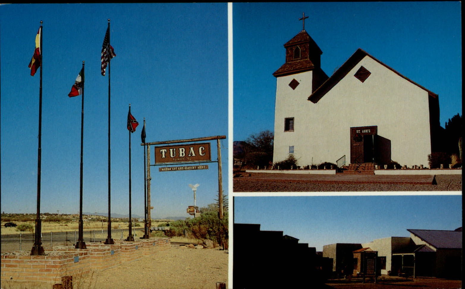 Tubac AZ St Ann\'s Church flags Plaza of Shops multiview unused vintage postcard Tubac AZ St Ann\'s Church flags Plaza of Shops multiview unused vintage postcard