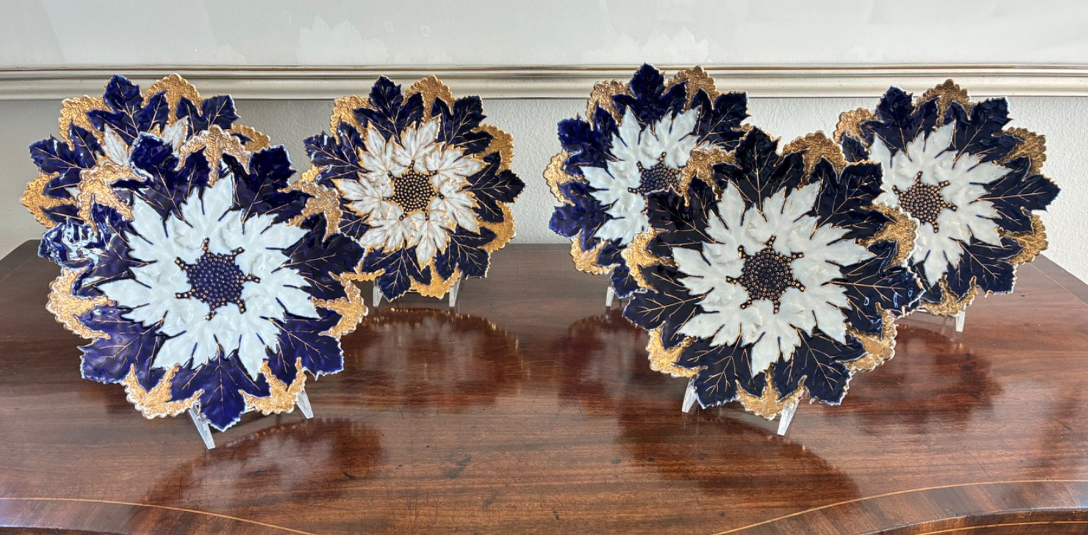 6 Antique Meissen Cobalt Blue Gold Gilt Maple Leaf Cabinet Plates 7⅝