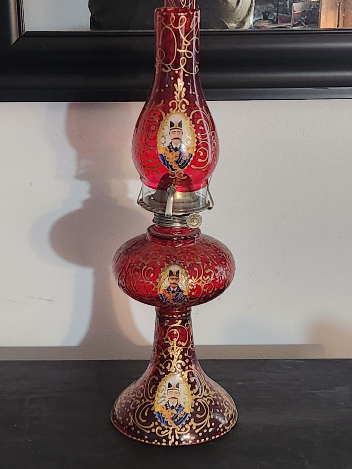Vintage Persian Red Kerosene Oil Lamp Shah Abbasi Naser Al-Din Shah Qajar 18\' H