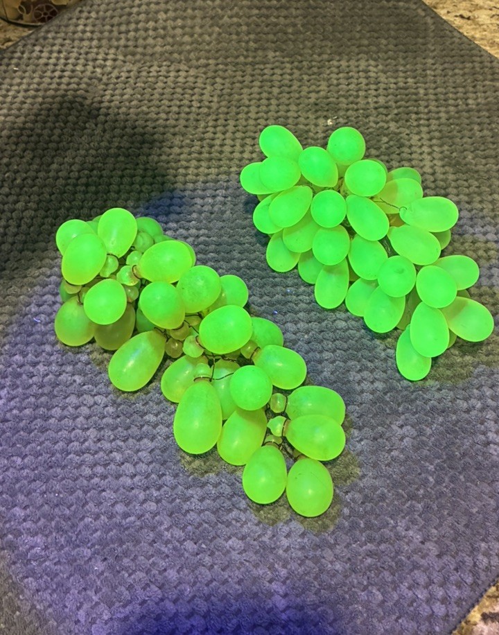 2- VTG Art Nouveau Czech Green Grape Clusters Uranium (Glows) Vaseline Glass 