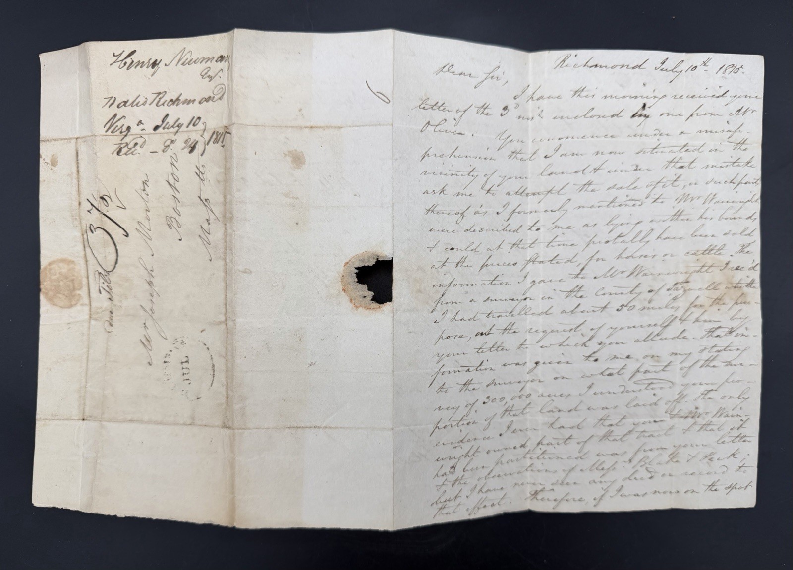 1815 ALS: Land Dispute & Legal Inquiry - Richmond, VA to Boston