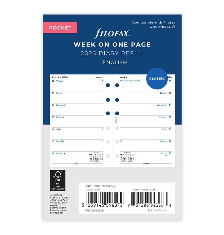 Filofax Week on One Page 2026 Pocket Diary Refill, English, 3.18\ Filofax Week on One Page 2026 Pocket Diary Refill, English, 3.18\