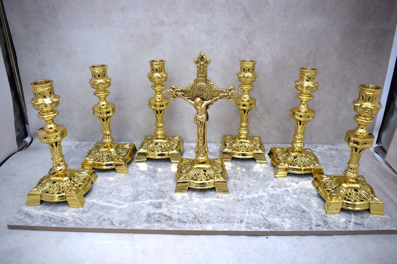 Church Set- 6 Lightly Used Brass Candlesticks with Matching Altar Cross (#804)