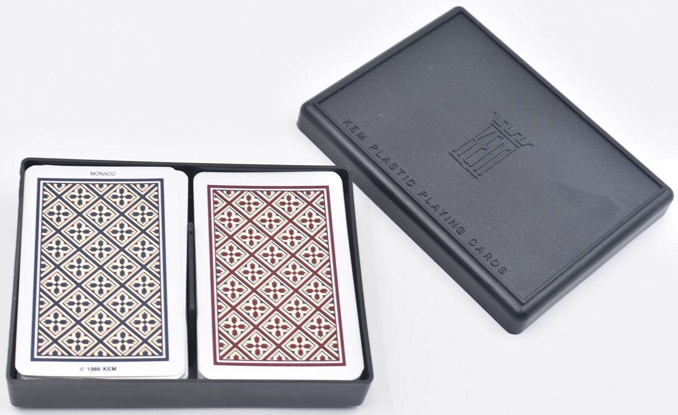 Vintage KEM Monaco Plastic Playing Cards Double Deck Red Blue Geometric 1986 USA