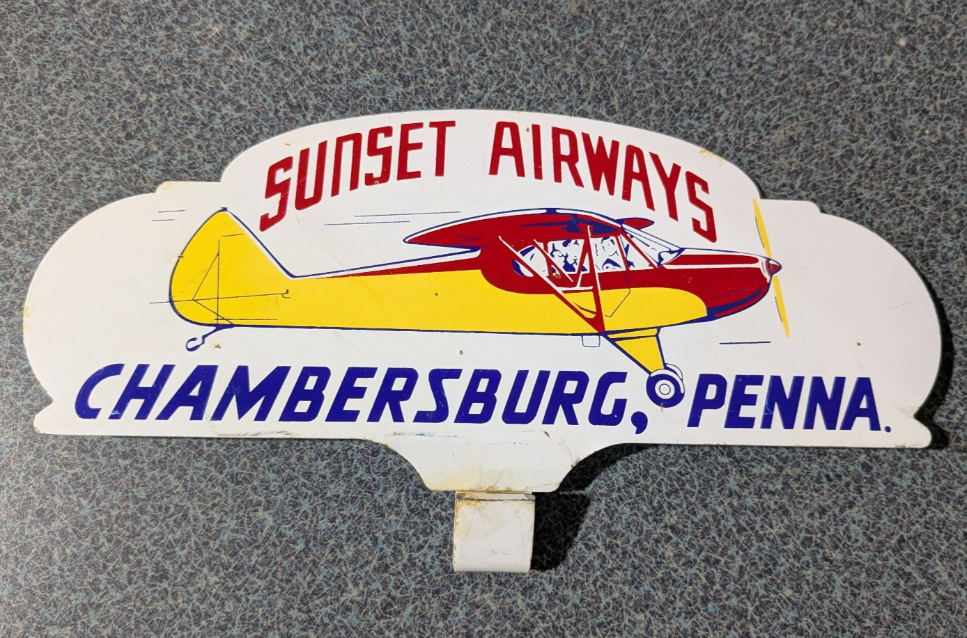 Vintage White Metal Sunset Airways Chambersburg Penna. License Plate Topper RARE
