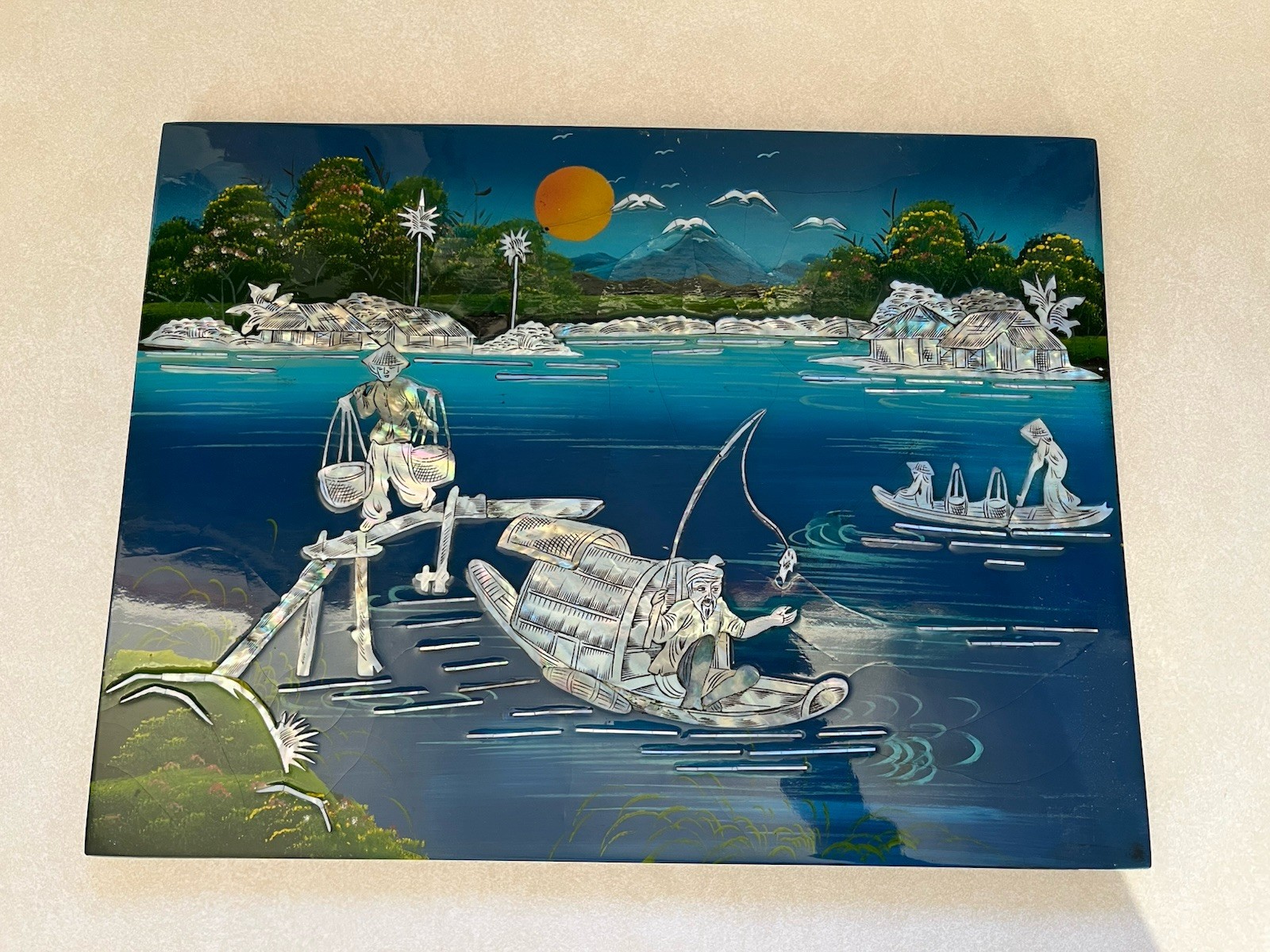 Textured Lacquer Wood Wall Art Japanese Village Fishing 11.5 By 15.25 Inch Blue