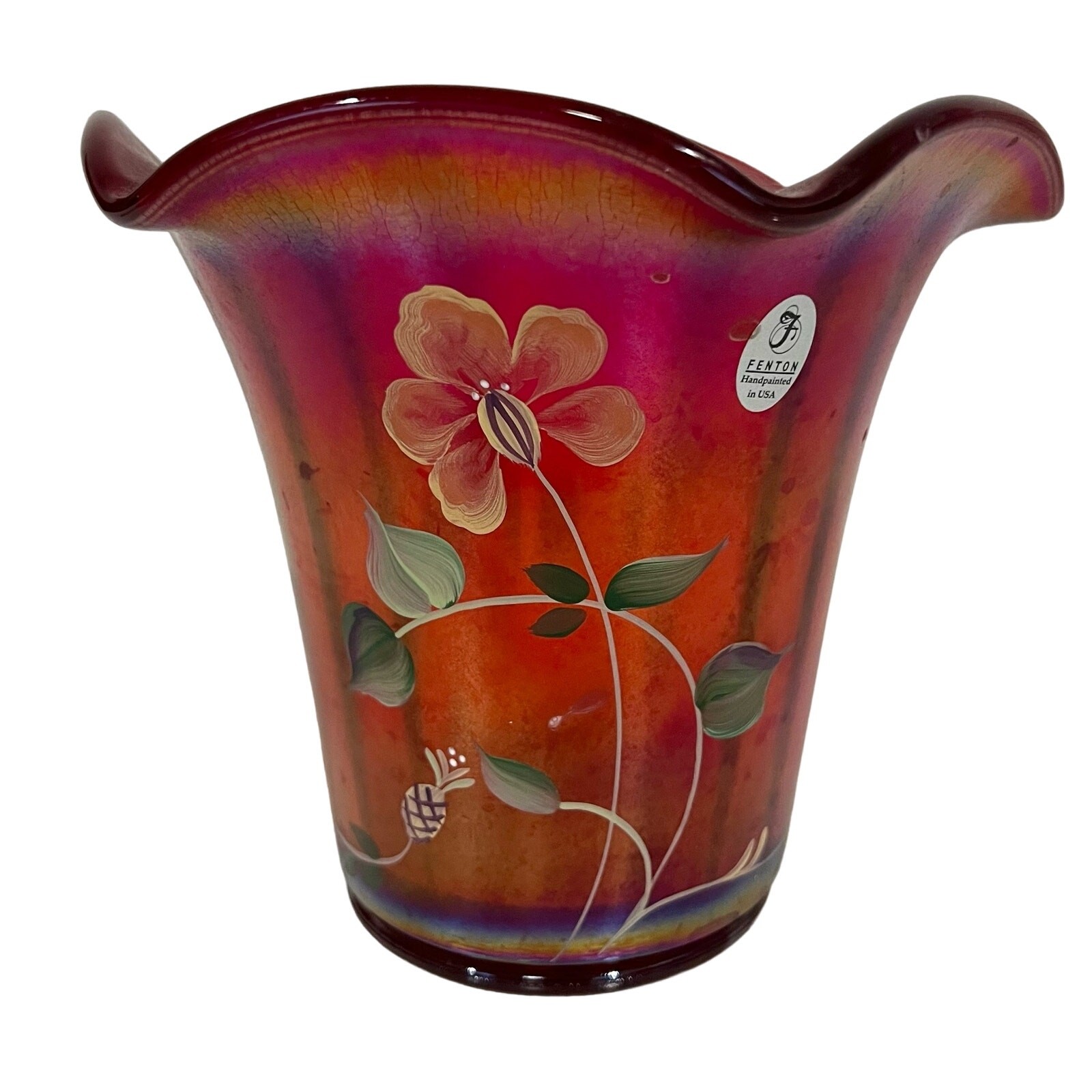Fenton FOUNDER'S VASE 100 Anniversary Hand Painted Ruby Red Glass Signed No Base