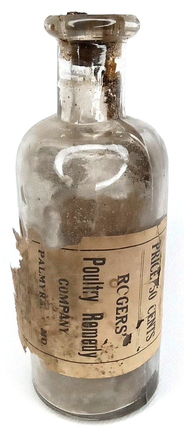 Antique 1920s Advertising Glass Bottle Paper Label Rogers Poultry Palmyra MO