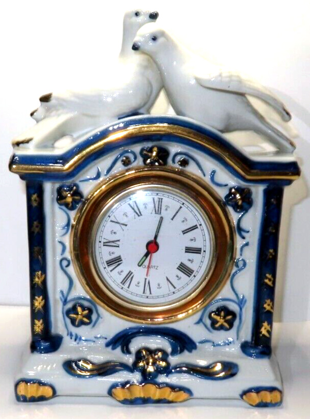 Vintage FHP Porcelain Mantle Clock with 2 Doves Blue white & Gold - AS IS