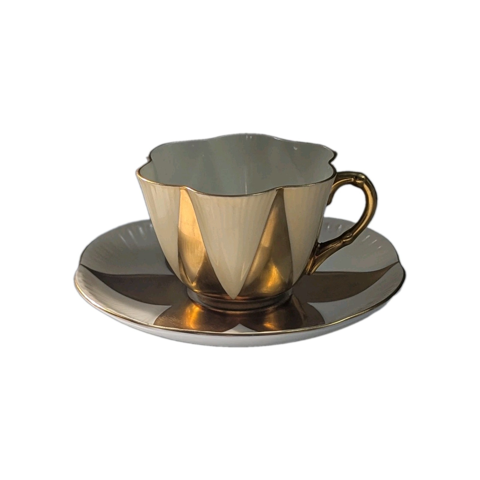 Shelley England Fine Bone China Cream Gold Harlequin Tea Cup & Saucer Shelley England Fine Bone China Cream Gold Harlequin Tea Cup & Saucer