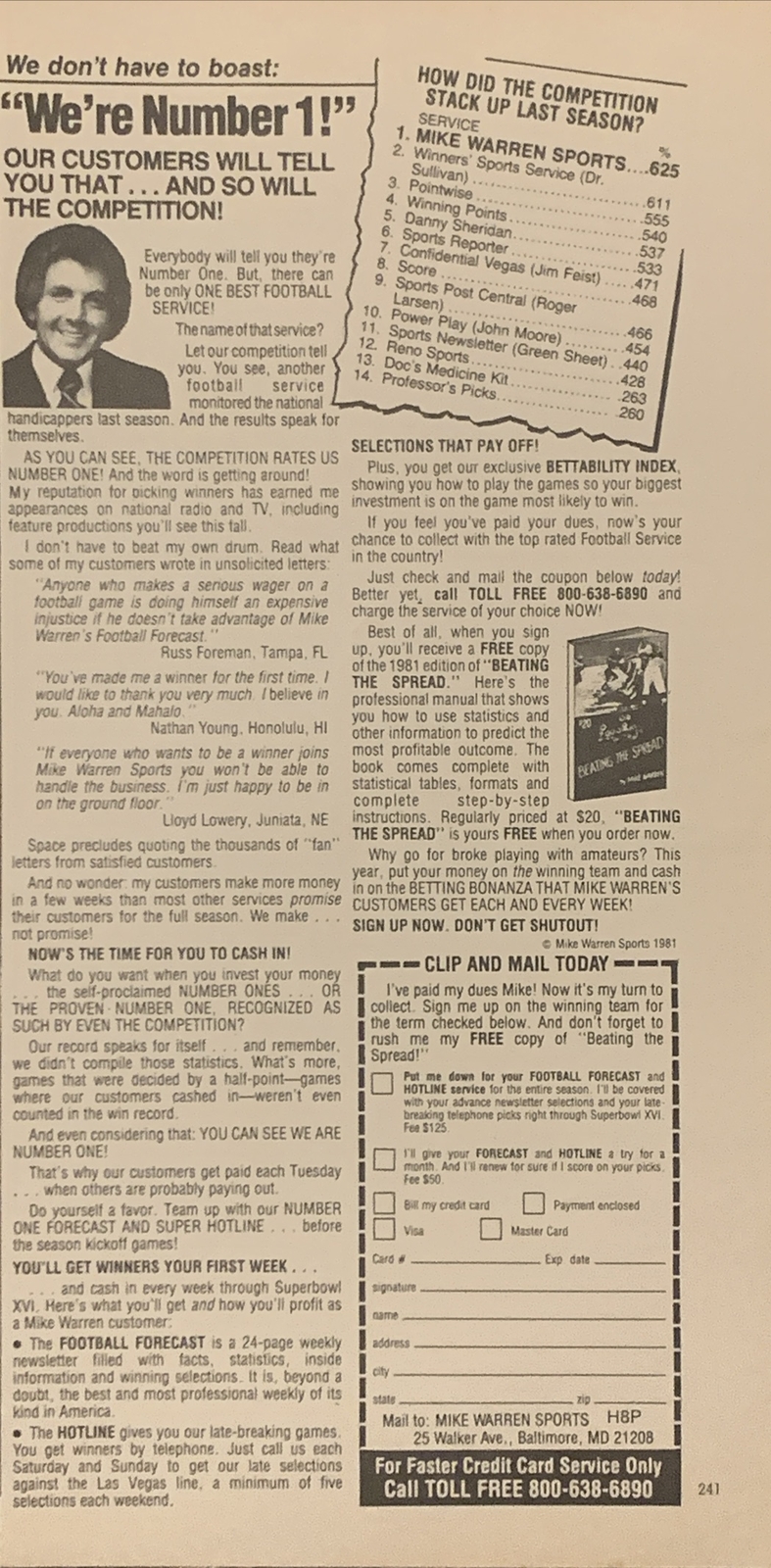 1981 Mike Warren Sports PRINT AD Football Betting - Beating The Spread VTG 1980s 1981 Mike Warren Sports PRINT AD Football Betting - Beating The Spread VTG 1980s