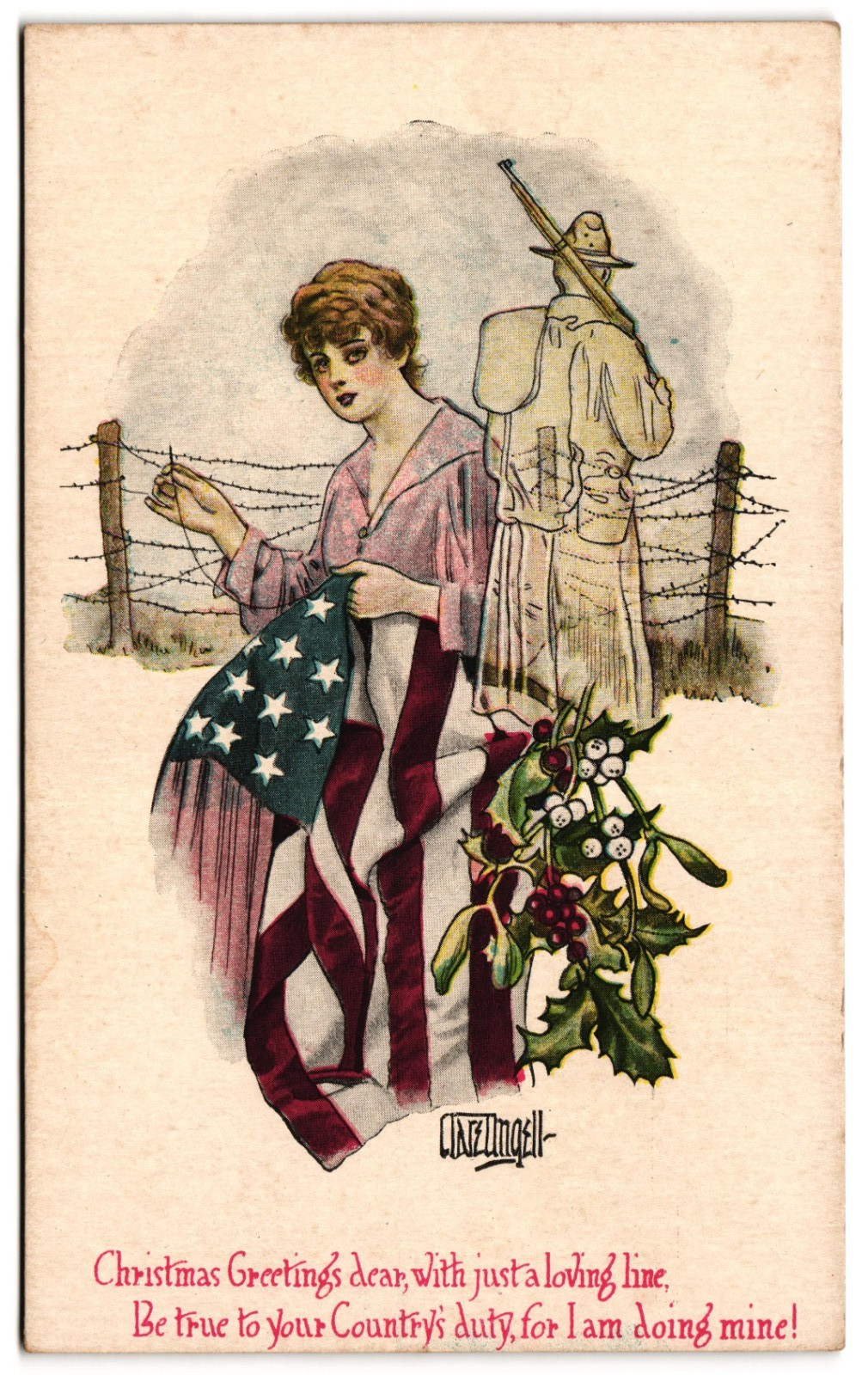 Christmas Greetings Clare Ungell Women with Flag and Soldier c1900s UDB Postcard Christmas Greetings Clare Ungell Women with Flag and Soldier c1900s UDB Postcard