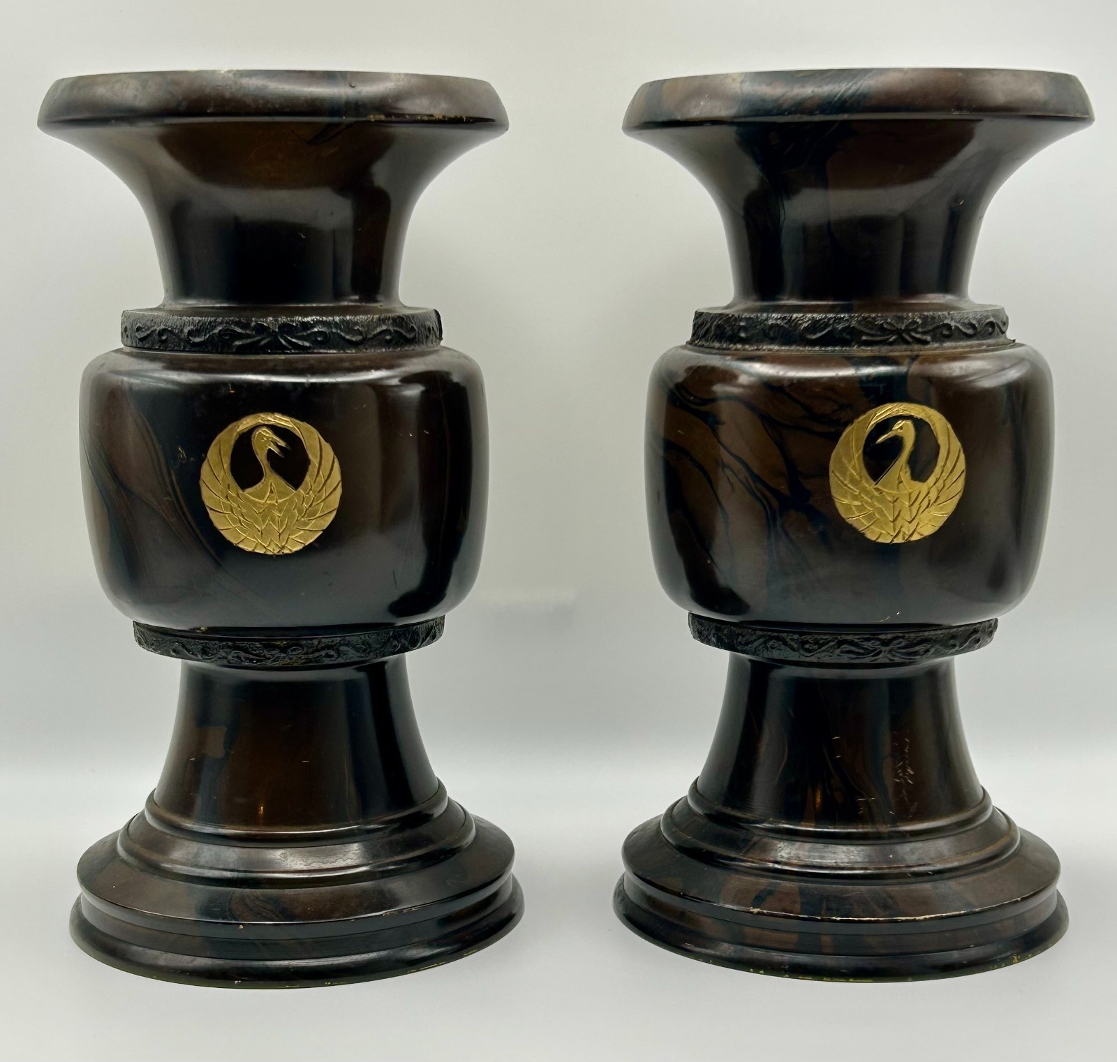 Vintage Pair Japanese Buddhist Altar Ware Metal Vases 7.5\