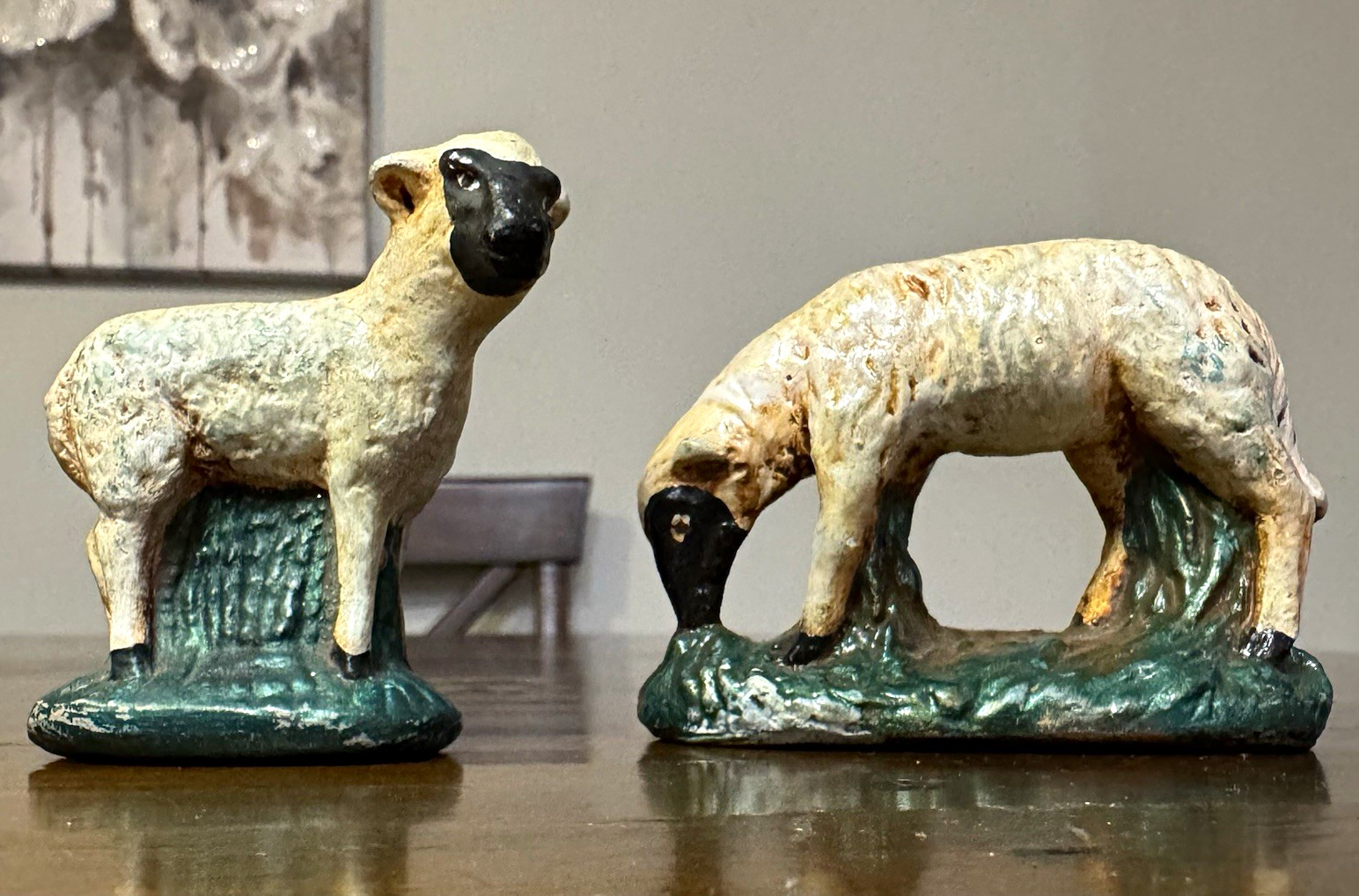 Vintage 1930s-50s Chalkware Black face Sheep Figurine Pair Grazing Lamb Putz Vintage 1930s-50s Chalkware Black face Sheep Figurine Pair Grazing Lamb Putz
