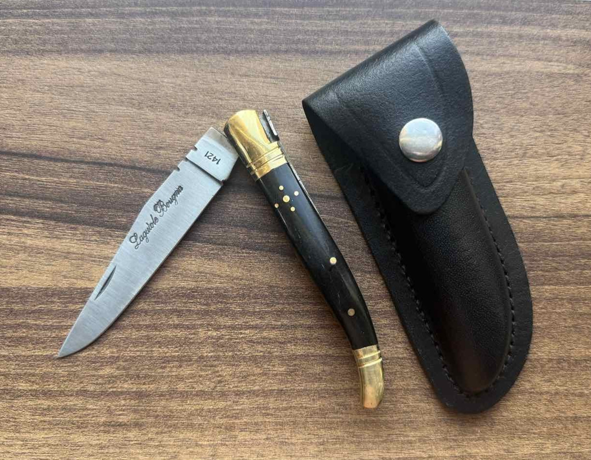 Vintage Laquiole Pocket Knife Blade Antler Wood Handle Sheath Men\'s Rare Old.