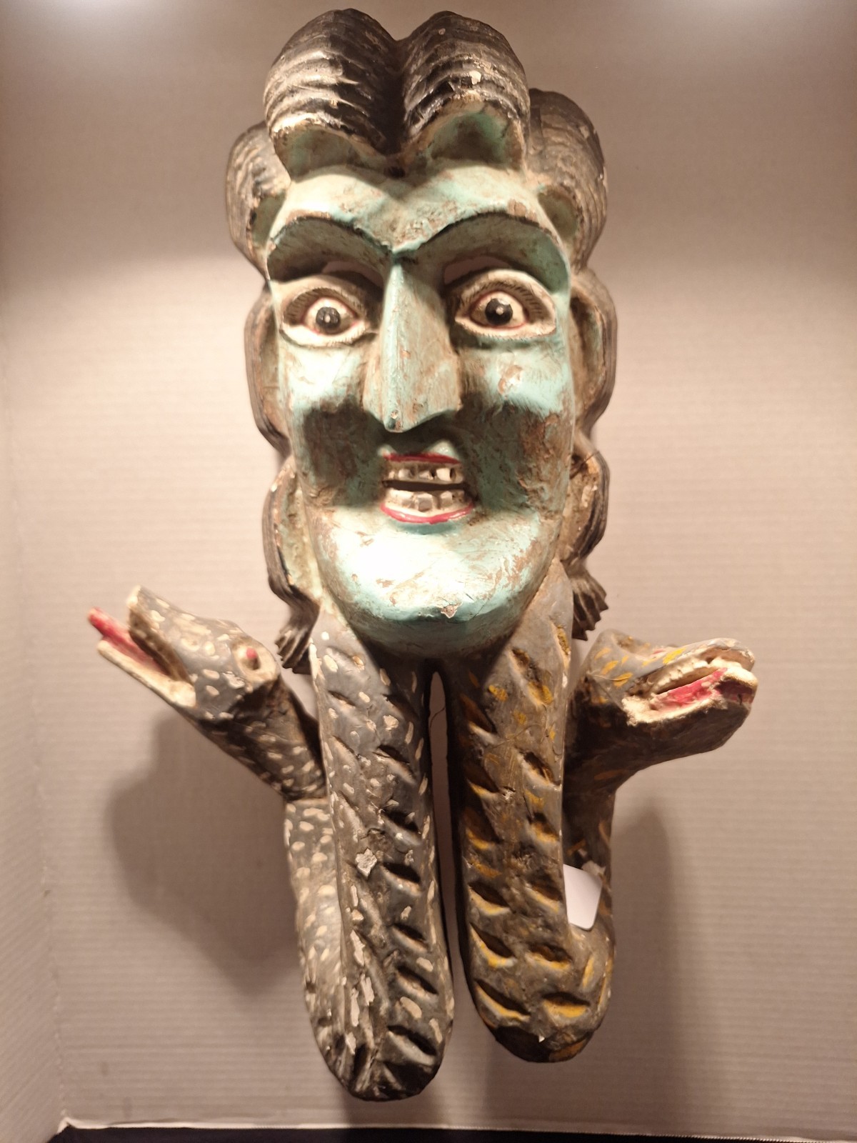 Carved Wooden Mexican Guerrero Mask Medusa Two Snakes Folk Art Wall Hanging