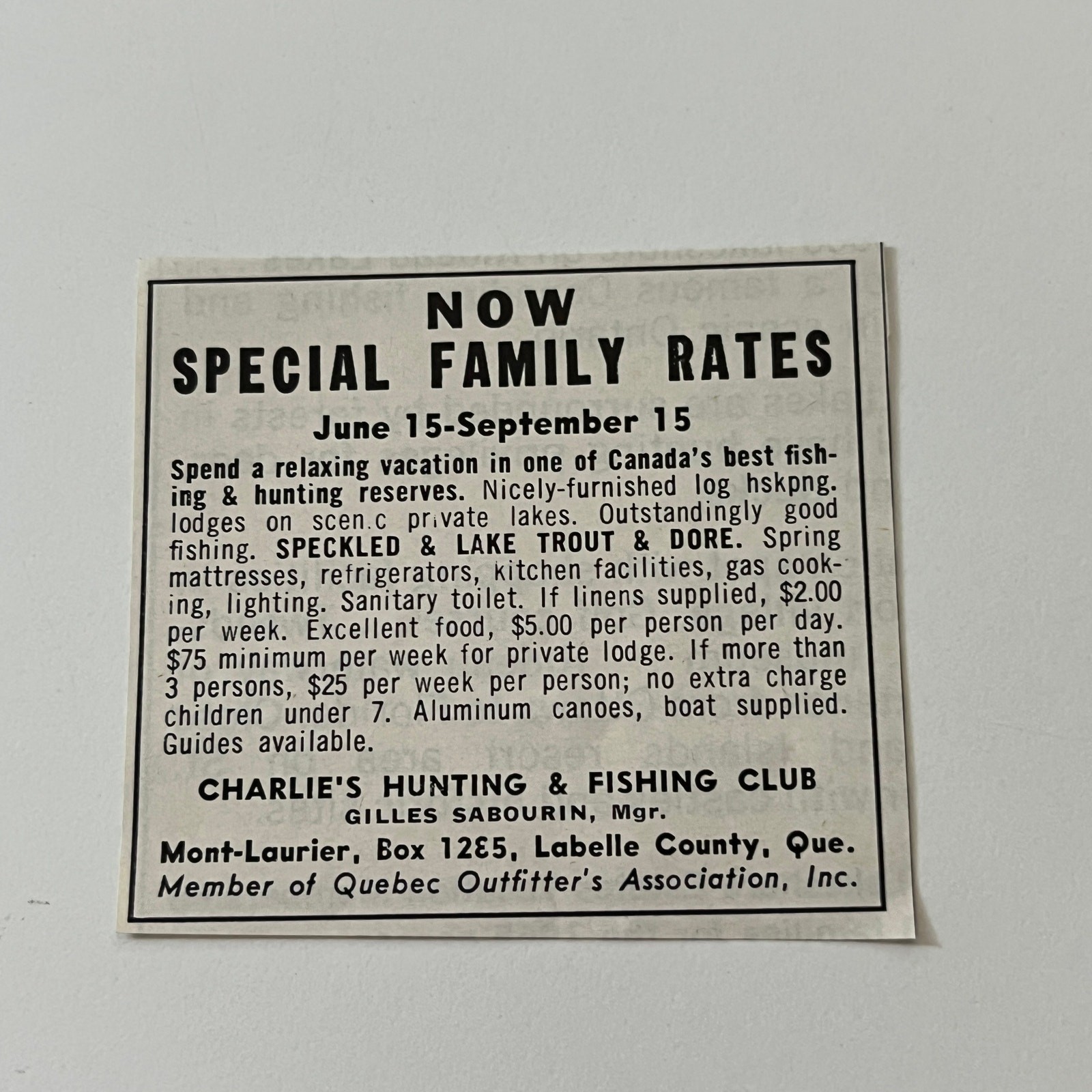 Charlie's Hunting & Fishing Club G Sabourin Labelle QC 1965 Magazine Ad SAG6-S8 Charlie's Hunting & Fishing Club G Sabourin Labelle QC 1965 Magazine Ad SAG6-S8