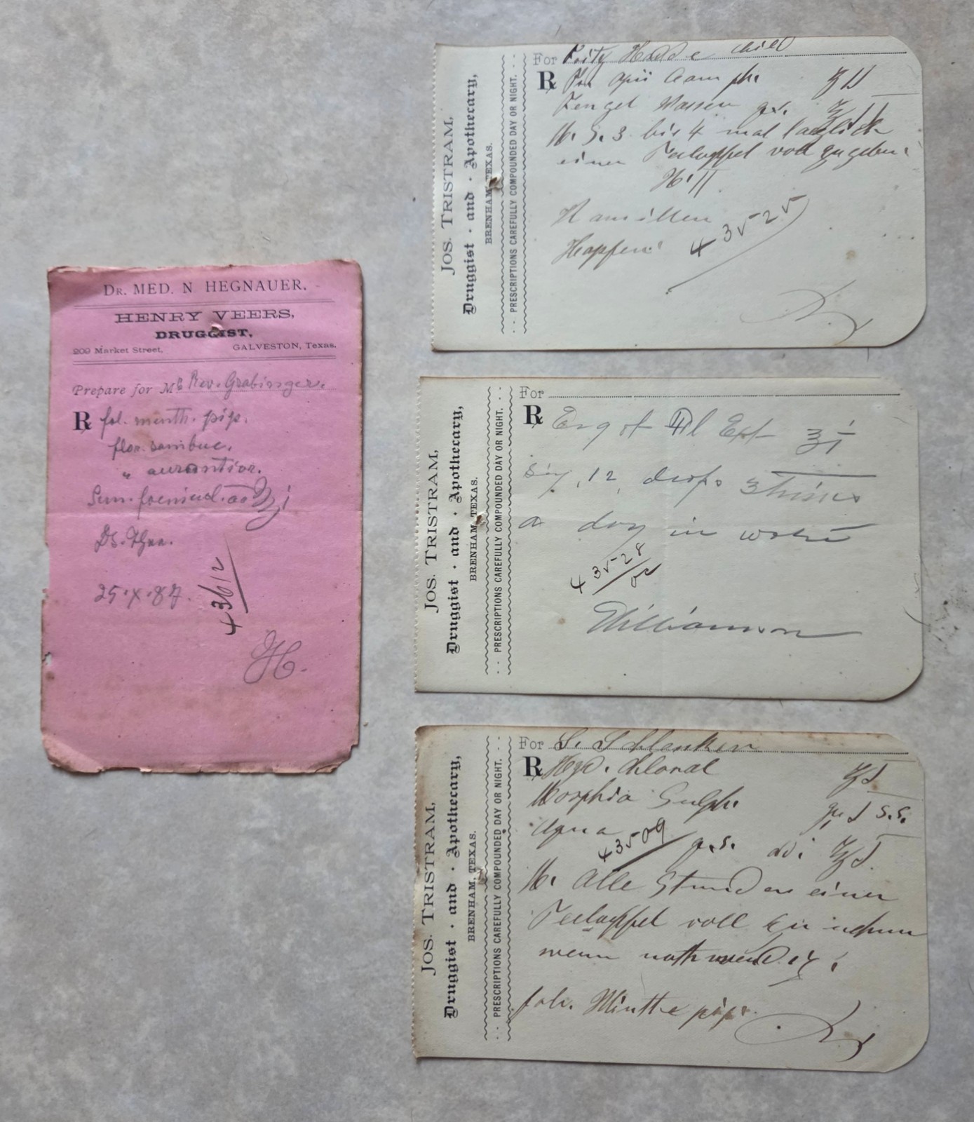 Four 1887 antique prescriptions - Morphine, Opium & Ergot