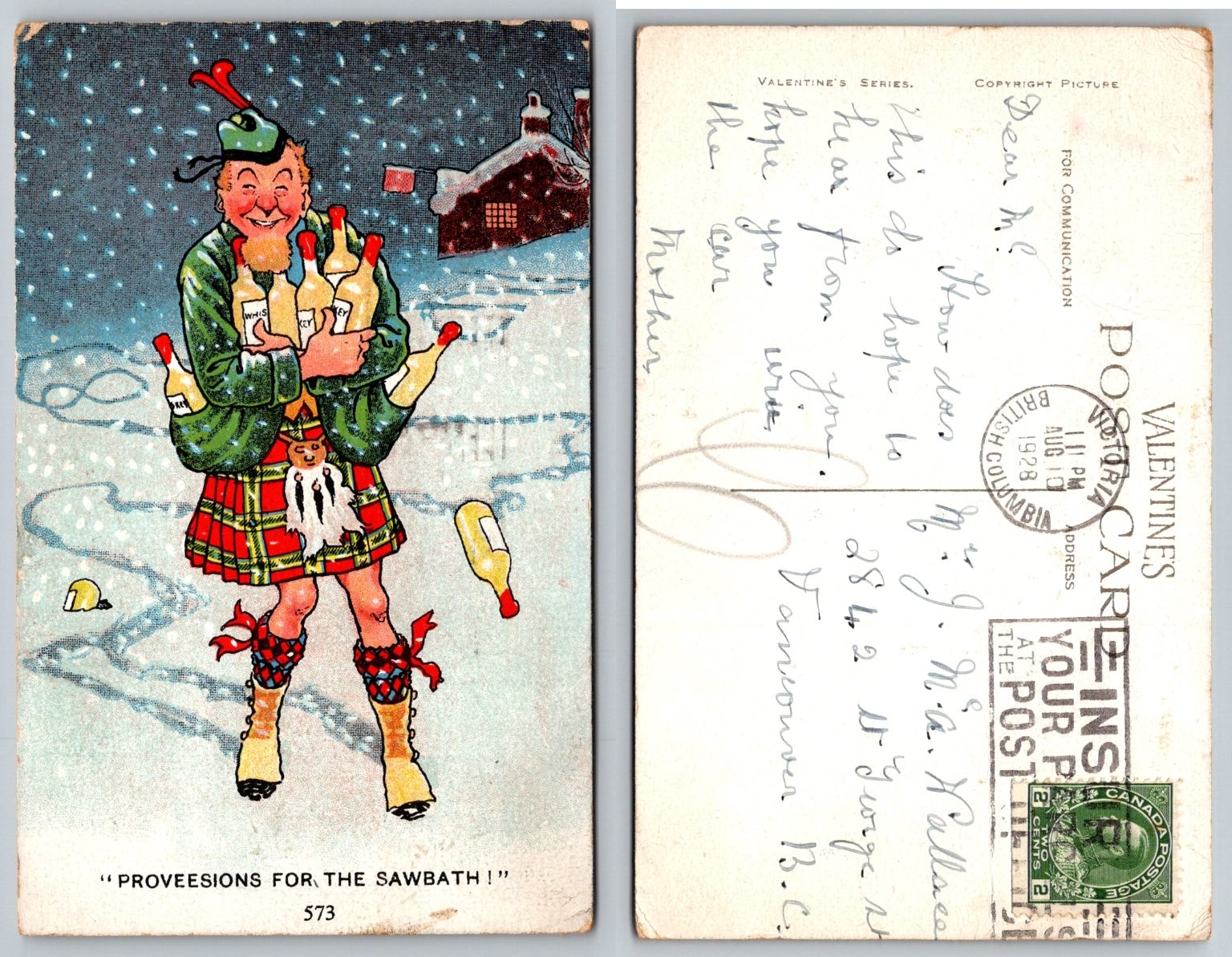 1928 Humorous Scottish Man Kilt Whiskey Snow Postcard Victoria BC Posted 1928 Humorous Scottish Man Kilt Whiskey Snow Postcard Victoria BC Posted