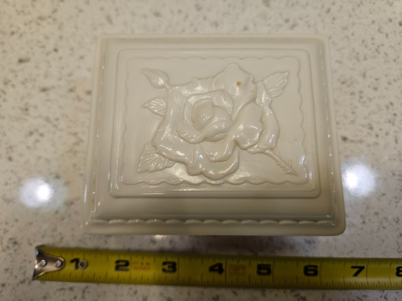Vintage Milk Glass Trinket Box Peach Pink Base White Rose Lid Jewelry Dresser