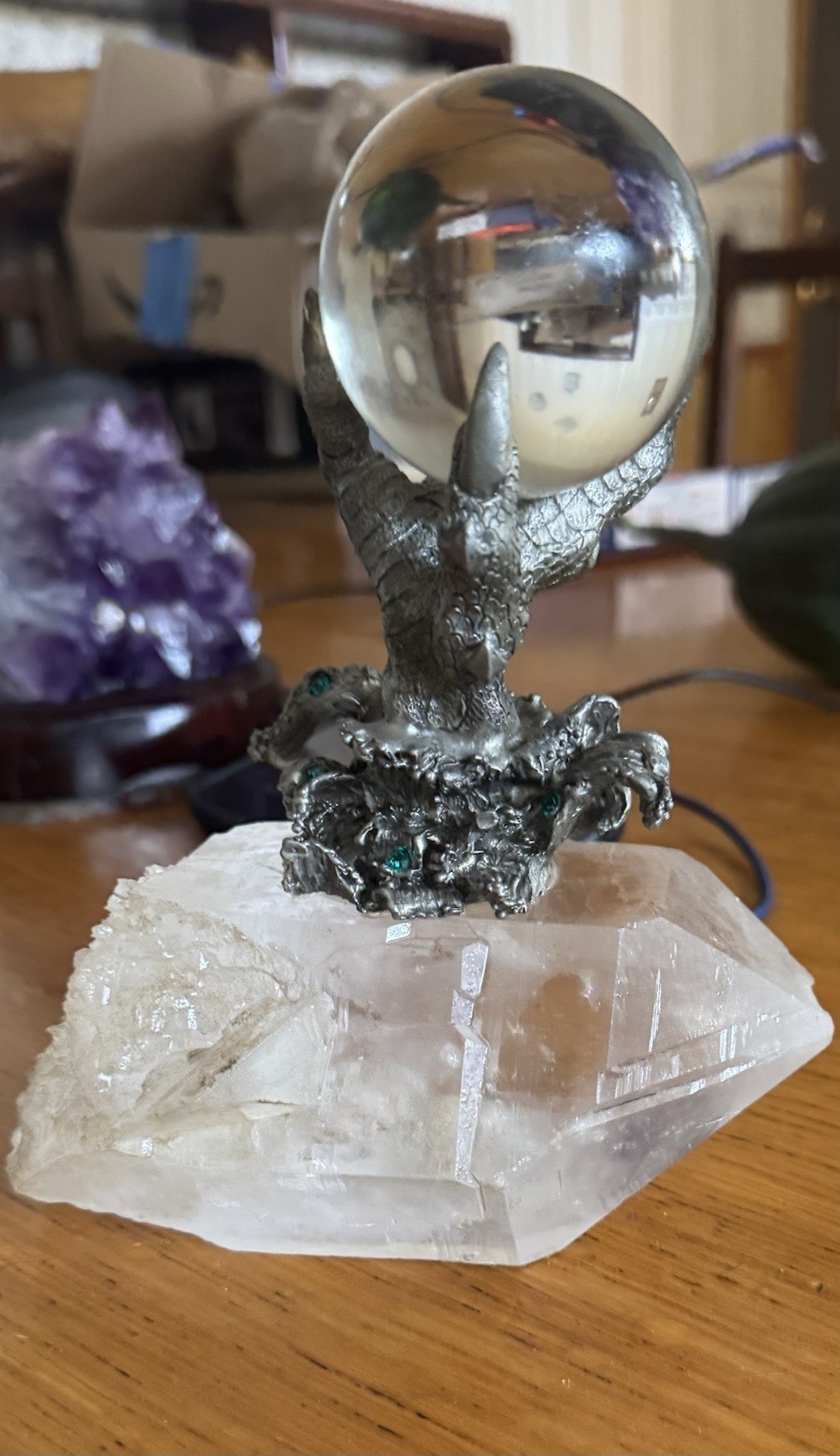  Vintage Pewter Dragon Claws Holding Crystal Ball mounted on Large Crystal