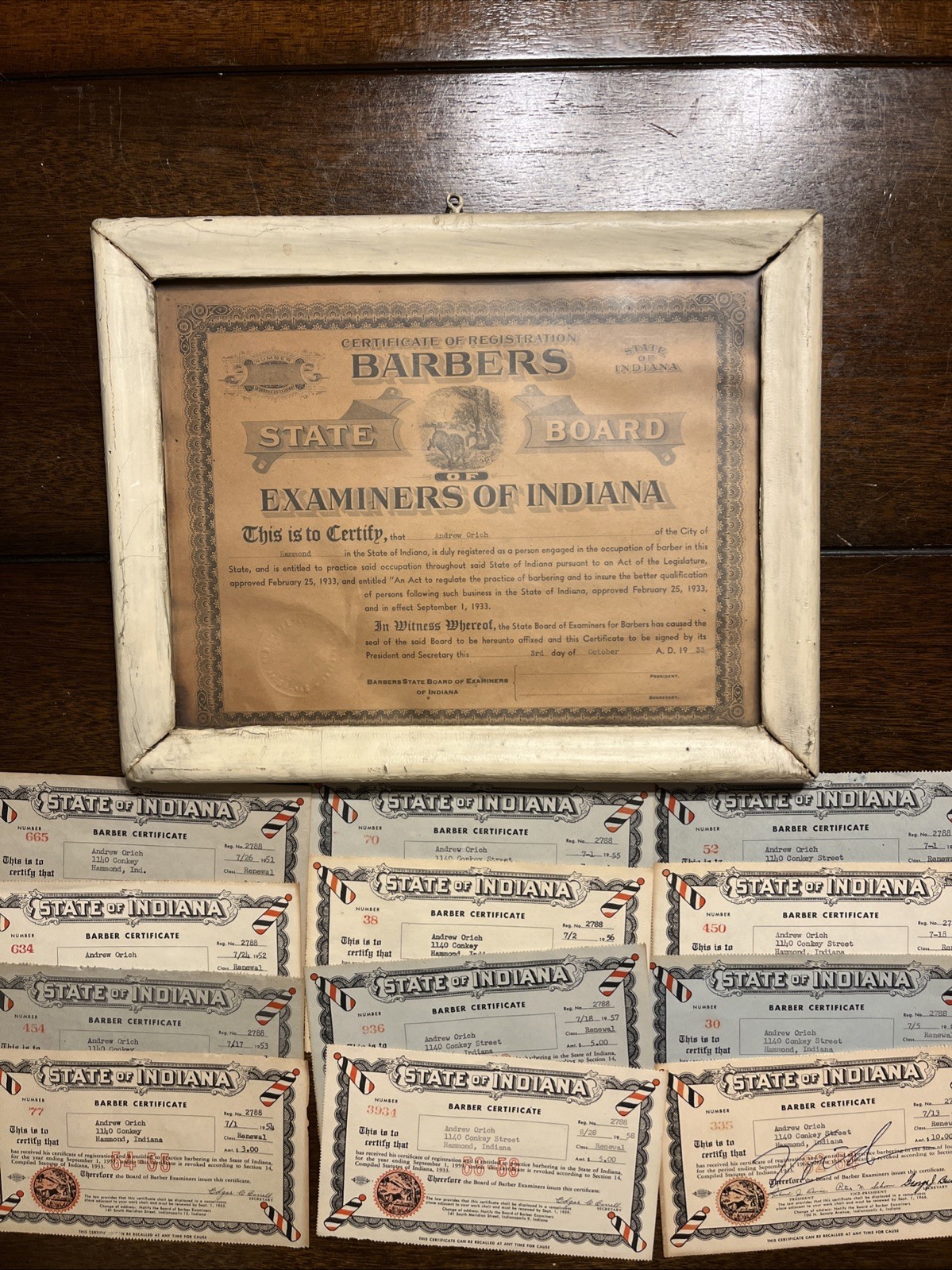Vintage 1933 1951-1962 Indiana Barbers Certificate of Registration Examiners