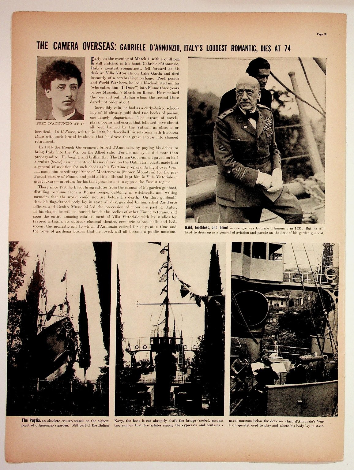 Gabriele d\'Annunzio Italy Romantic Dies at 74 Article 1930s Magazine Page Gabriele d\'Annunzio Italy Romantic Dies at 74 Article 1930s Magazine Page