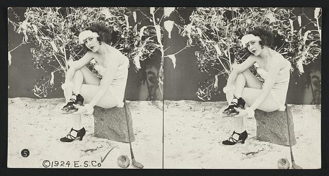 Photo:1924 Winter Woman Seating Outdoor Snow Stereograph Photo