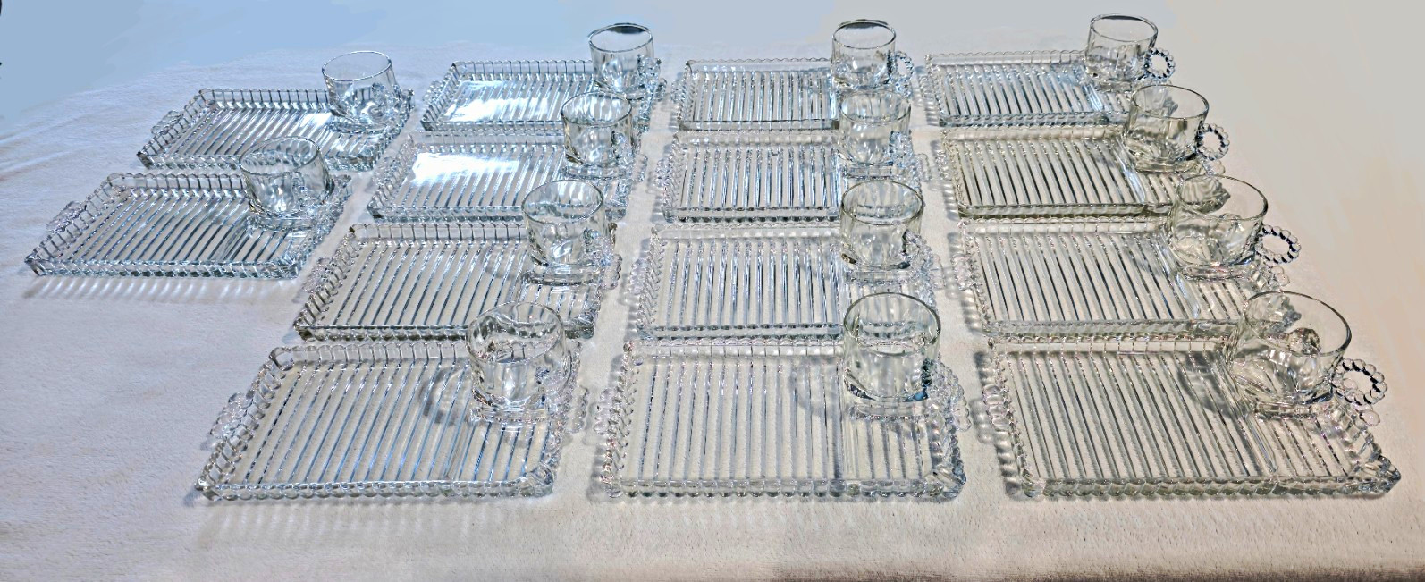 Hazel Atlas Vintage Glass Snack Sip Smoke Tray (14) & Cup (14) 28 Piece Set