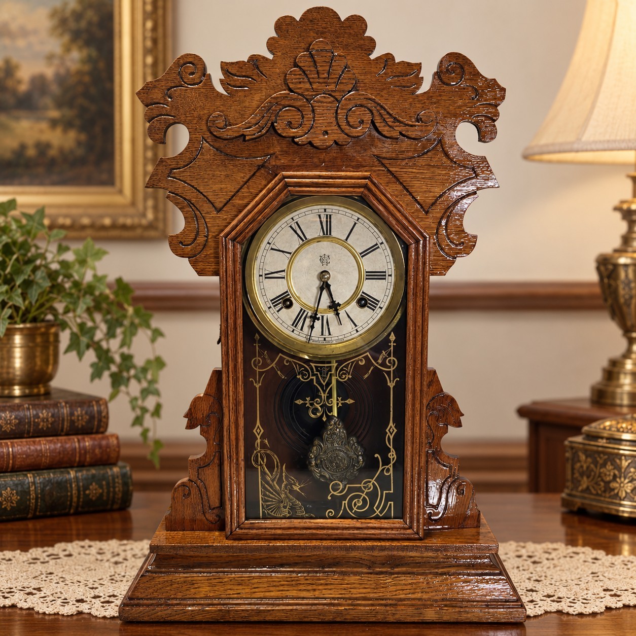 Antique Waterbury 8-Day Parlor Mantel Clock Carved Wood Key Pendulum Excellent 