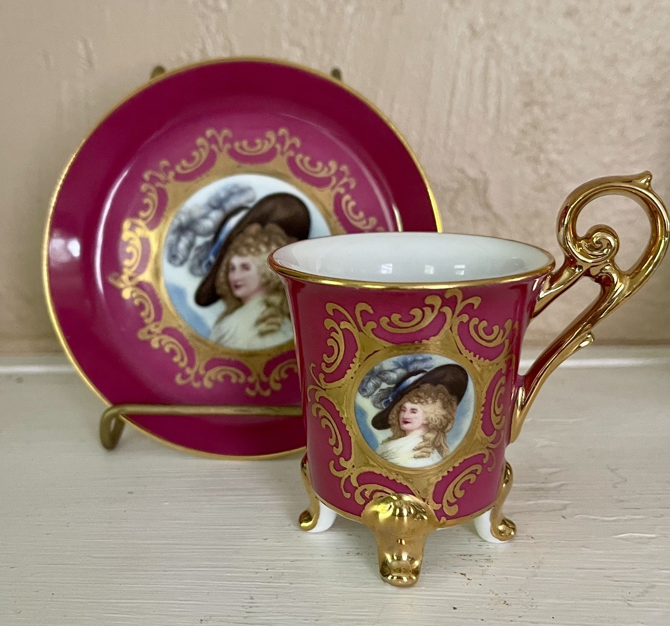 Vintage JKW Bavaria Demitasse Teacup & Saucer Western Germany Portrait Of Lady