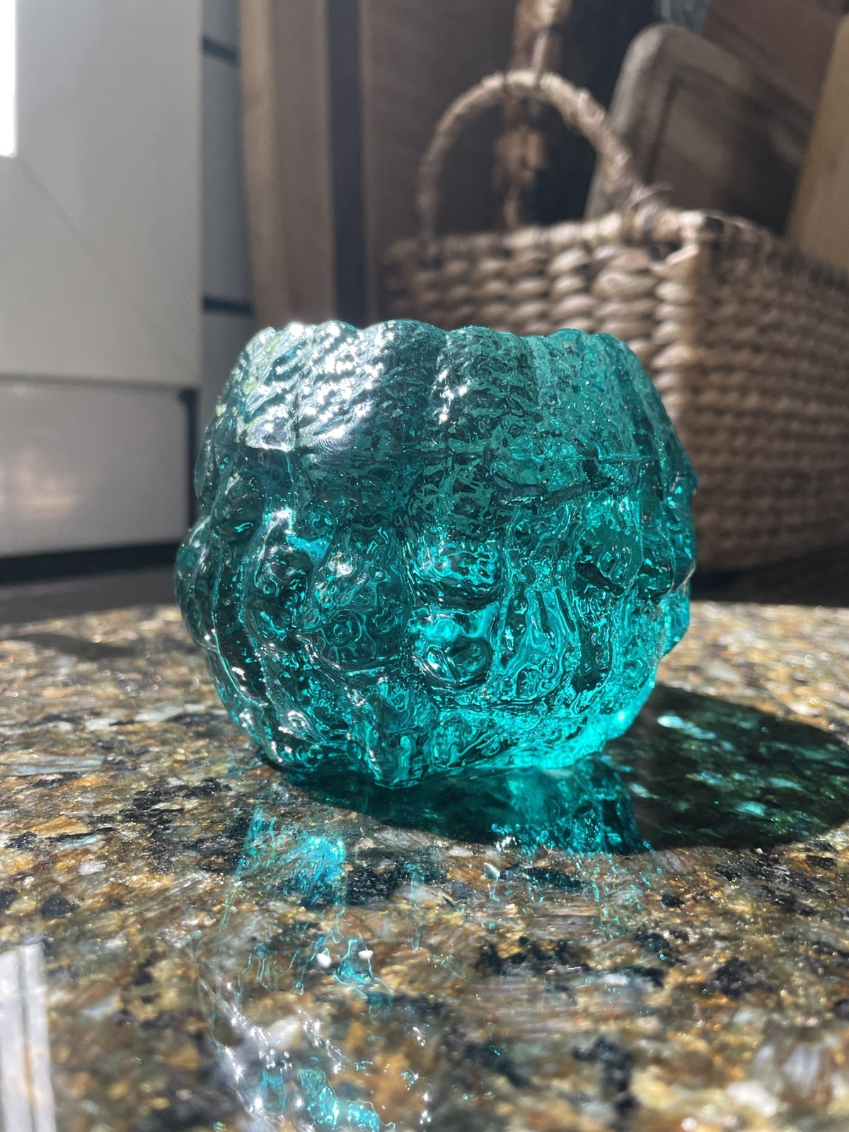 Vtg. Teal Green Aqua Glass Votive Holder Round Lava Ripple. L.E.Smith.