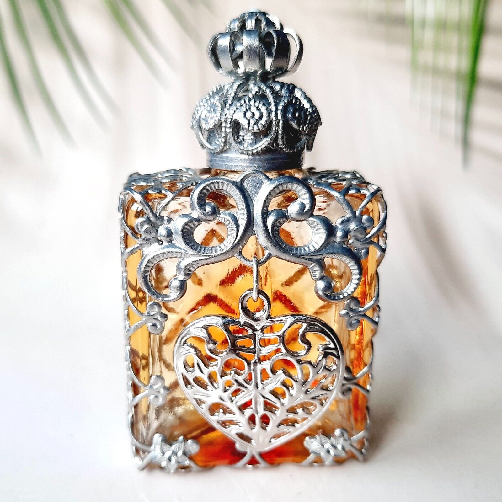 Art Deco Bottle for Perfume Red/Orange Czech Glass Filigree Silver Tone Parfume